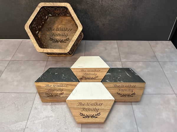 Marble and Wood Hexagon Coaster Set with Holder